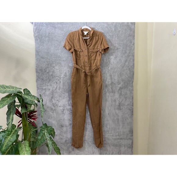 C & C California Brown Linen Blend Button Front jumpsuit women’s size Medium - Picture 4 of 11